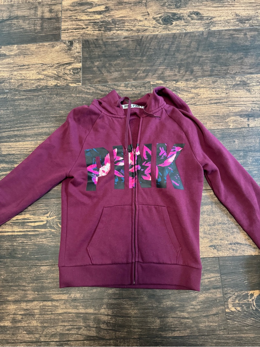 PINK Victoria's Secret Maroon Full-Zip Hoodie with Floral Logo